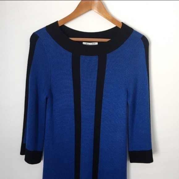 Alice + Olivia Royal Blue Knit Shift Dress Black Trim Viscose Wool Blend XS - Picture 4 of 7
